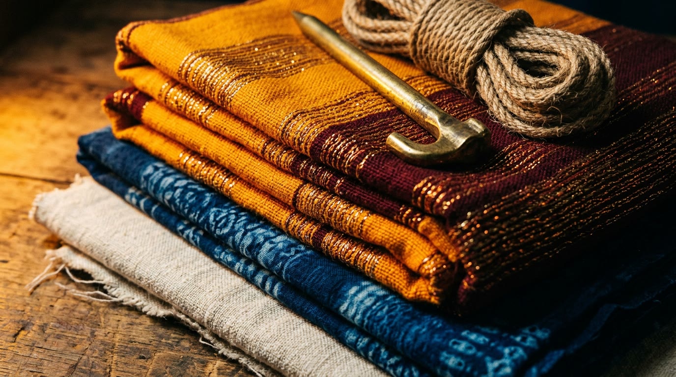 Aso oke, adire and linen folded on a workshop table with a brass tent stake